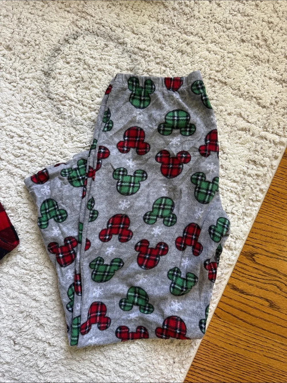 Disney Grey Fleece Pajama Pants with Red & Green Plaid Mickey Heads